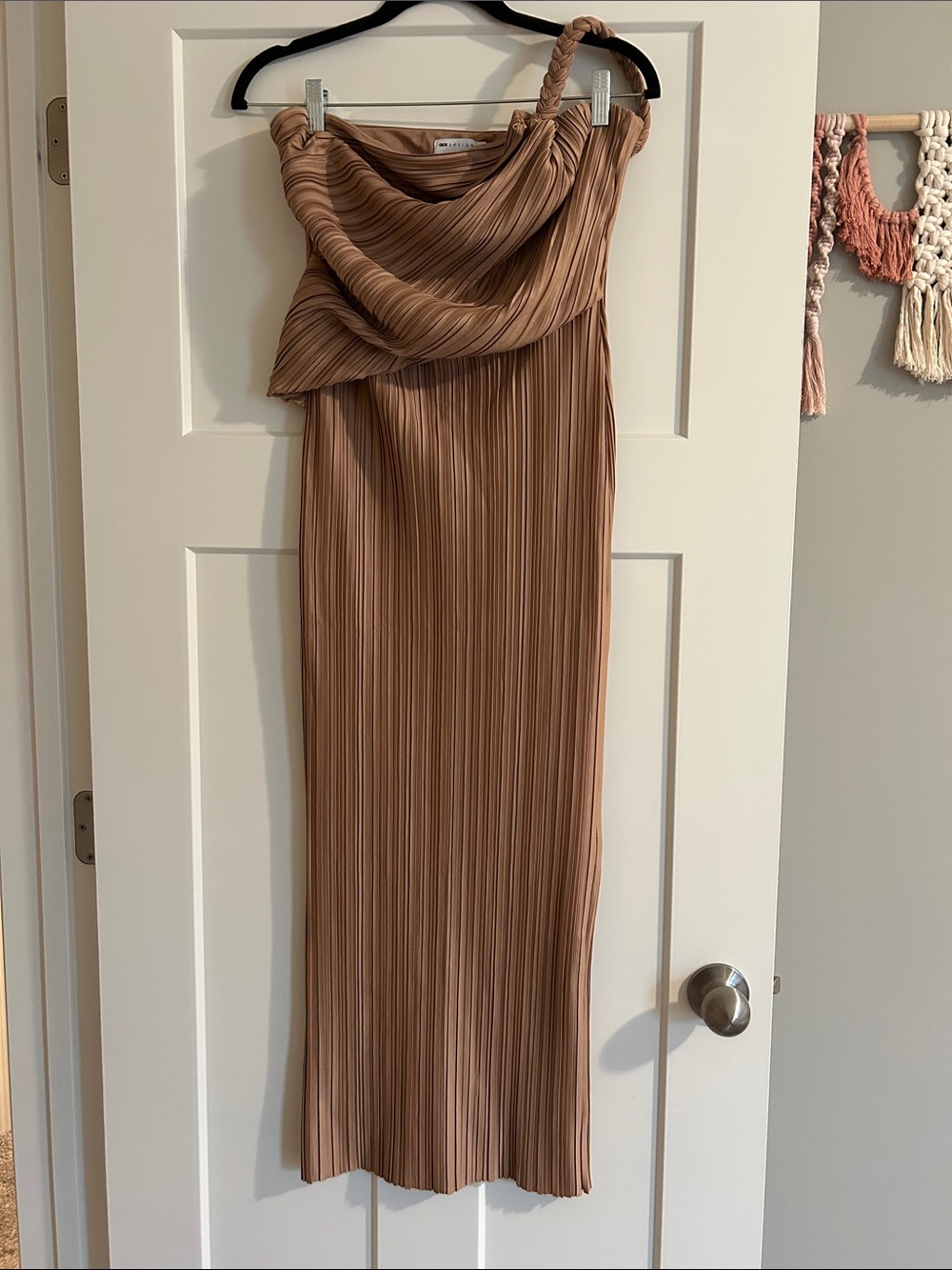 ASOS One-Shoulder Braided Strap Pleated Maxi Dress in Tan